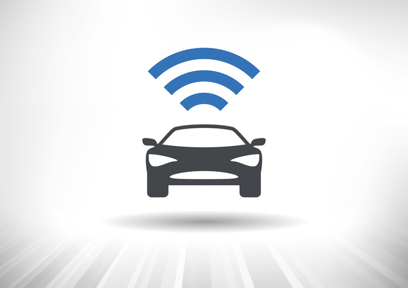The Connected Car. Smart car icon with wireless connectivity symbol. Front view.